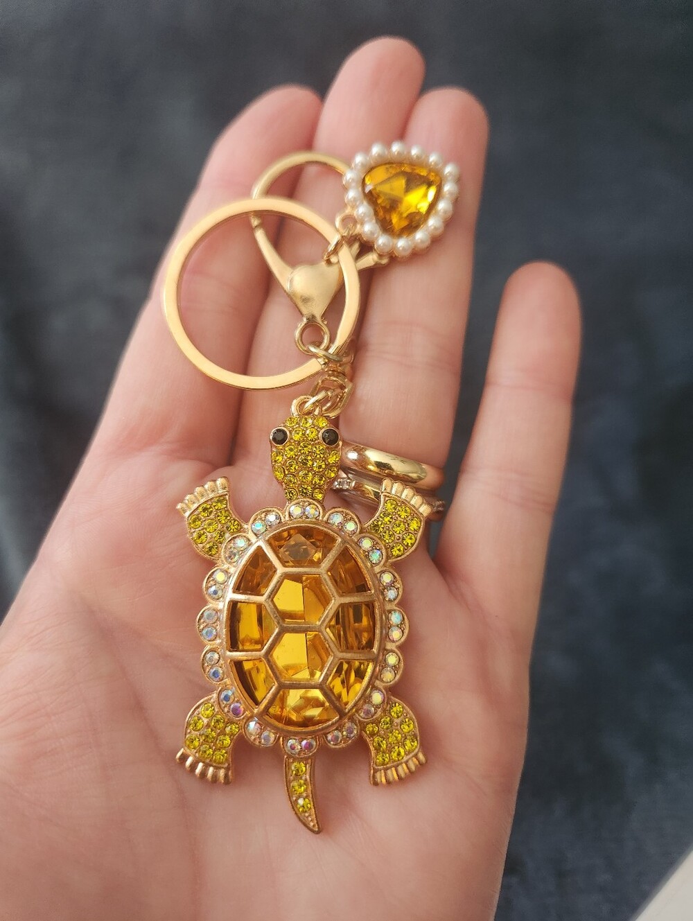 Gold Tone Turtle Keychain /bag Charm with Yellow Gems - Picture 2 of 3